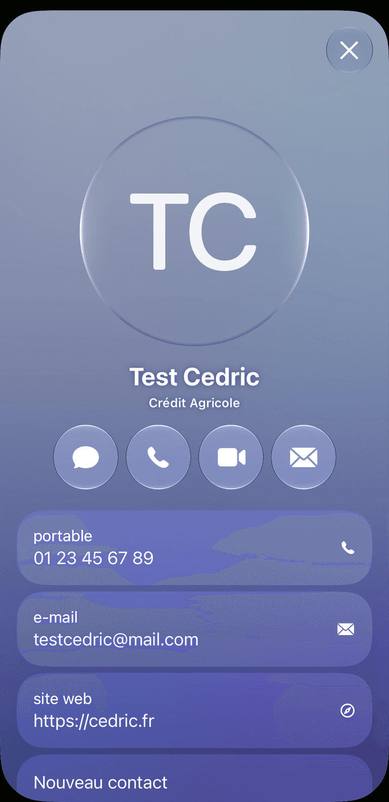 iPhone showing the decoded contact card, with its message, call, video and mail buttons