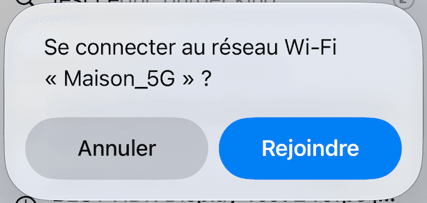iOS dialog asking to join the Wi-Fi network “Maison_5G”, with Cancel and Join